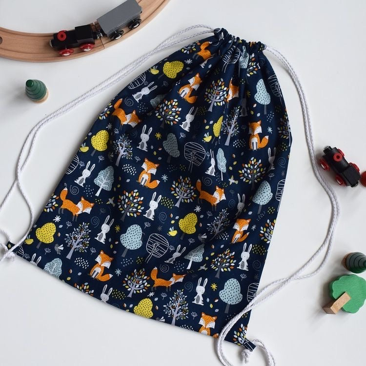 Navy Woodland Fox Drawstring Bag