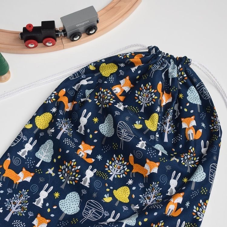 Navy Woodland Fox Drawstring Bag