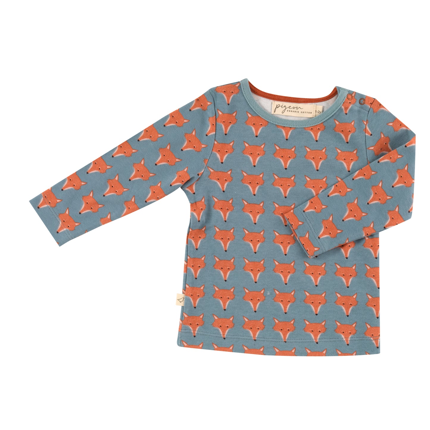 pigeon organics fox face t shirt blue printed organic cotton