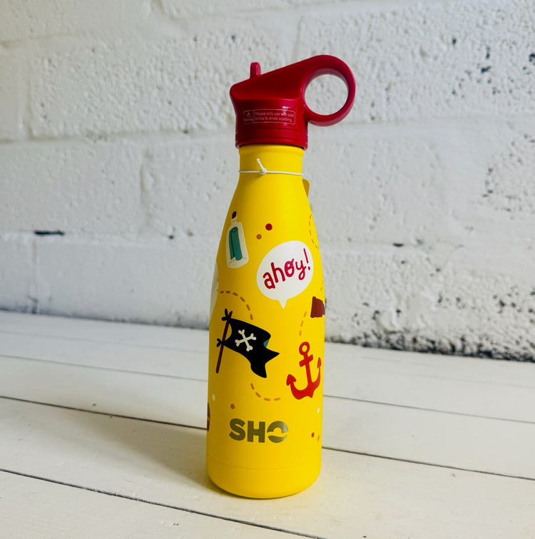 reusable yellow stainless steel bottle against white background