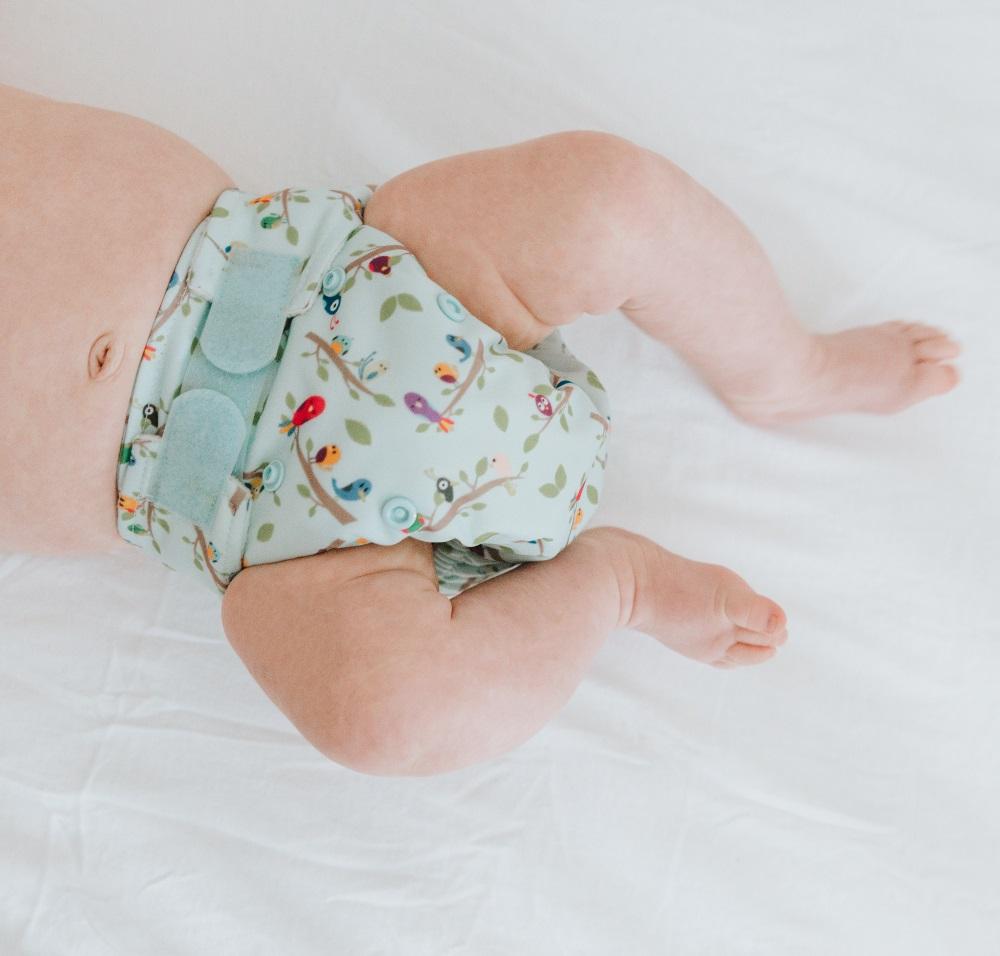 blue newborn cloth nappy with bird print on a newborn baby 