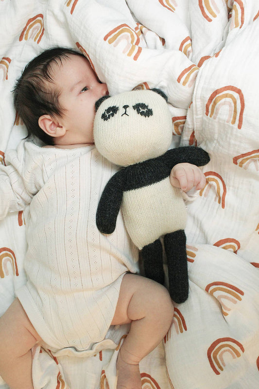 Handknitted lambswool panda toy