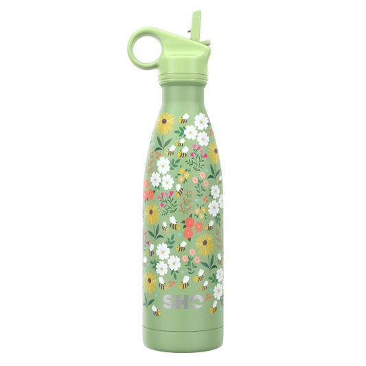 SHO Original 2.0 Bottle & Straw Lid | Ditsy Bees with Straw Lid | 500ml