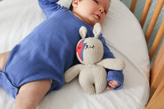 Handknitted Bowie bunny rattle