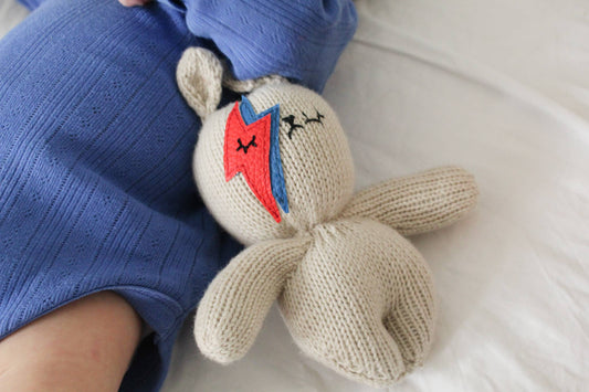 Handknitted Bowie bunny rattle