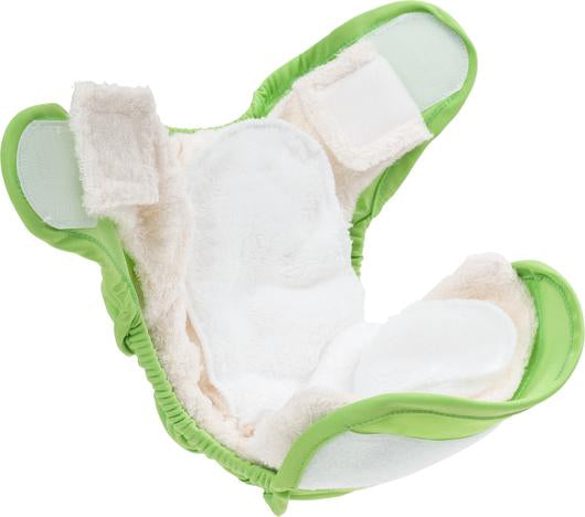 little lamb inside of a reusable nappy with wrap